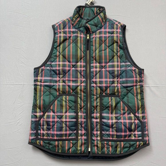 J.Crew Jackets & Blazers - J.Crew Womens Excursion Quilted Vest Green Pink Plaid Full Zip Pockets Size S